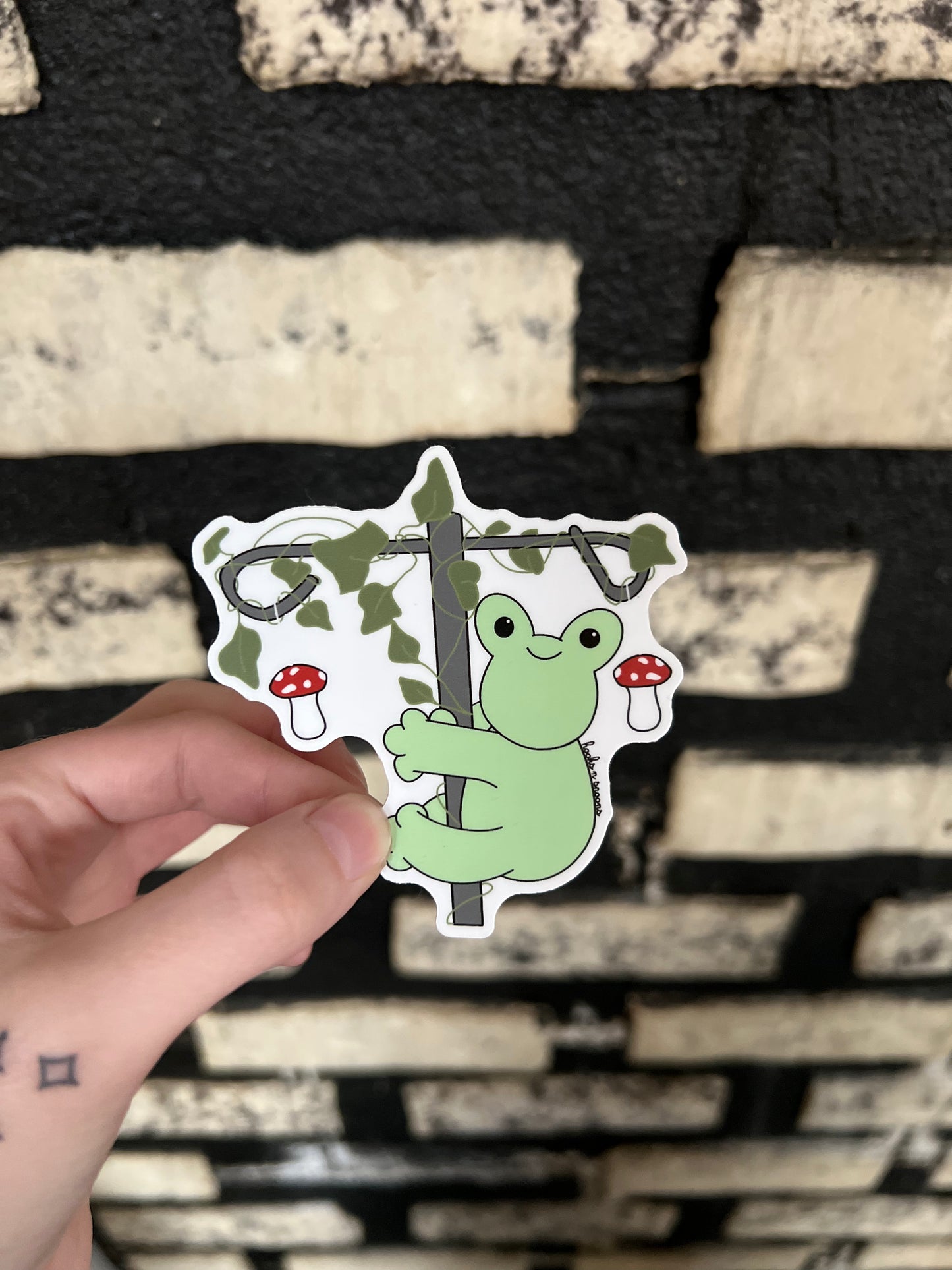 Cottage core frog chronic cuddler on a IV pole sticker