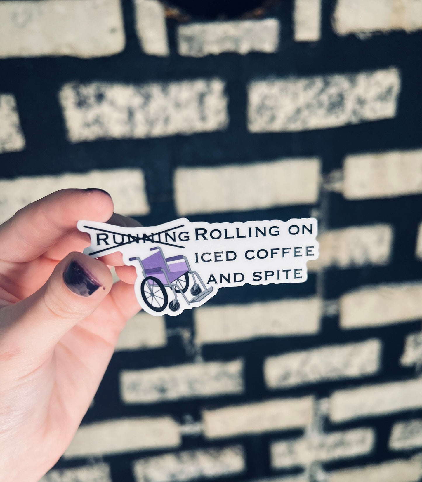Running on iced coffee and spite sticker, rolling on iced coffee and spite sticker, wheelchair sticker